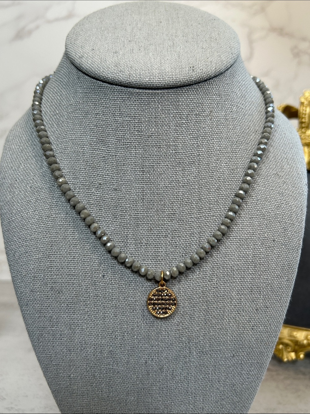 Park Lane Gray Glass Beaded Necklace with Gold Disc Charm